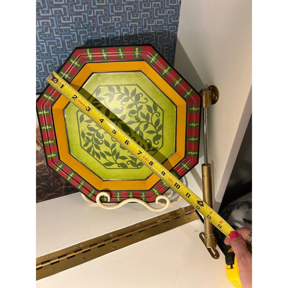 Octagonal Wooden Wall Plaque Hand Painted Green Leaf Vine Red Yellow 12 Inch